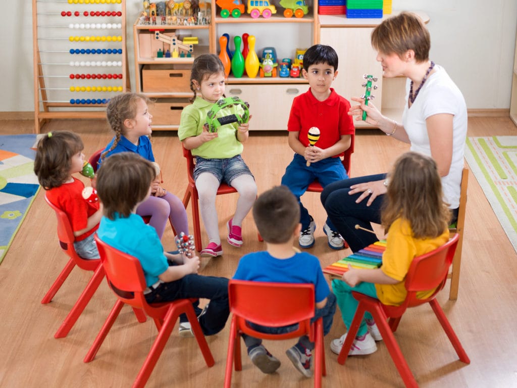 A group of preschool children in a music class.