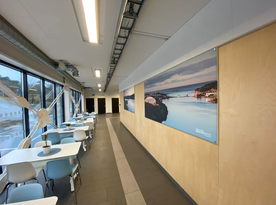 <b>Kiosk and social area:</b> The images are printed on Frigg 25, 240cm x 120cm. Loke and absorbers in various sizes are installed in the ceiling and at the top of the wall